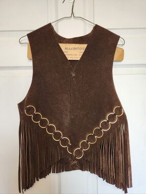 Vintage Brown Suede Fringe Vest with Brass Accents